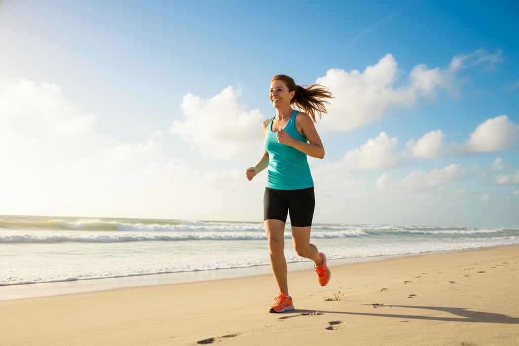 a middle age lady running in a sunny day at the beaach